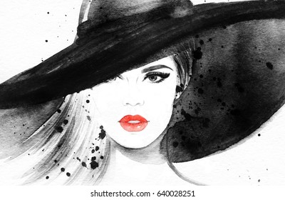 Fashion illustration. Beautiful woman. Watercolor painting