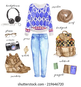 Fashion illustration clothing set. Trendy autumn outfit. - Powered by Shutterstock