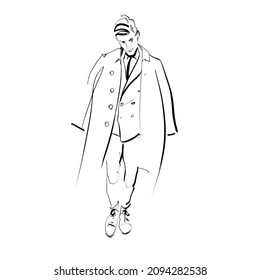 Fashion illustration of a dapper male model in a big coat and double breasted suit, looking rakish and suave. 