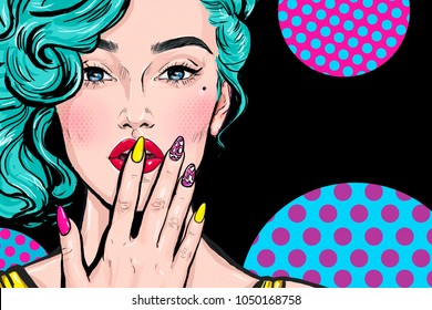 Fashion illustration of girl with hand on mouth in Pop art style.  Party invitation or Birthday greeting card design. Advertising poster of beauty saloon or nail bar.