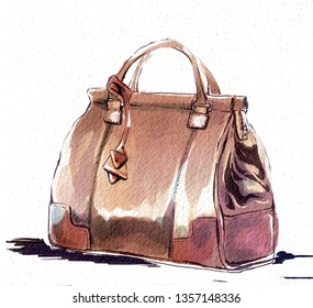 Fashion Illustration With Purse, Female Brown Handbag. Watercolor Raster Hand Drawing With Texture

