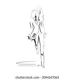 Fashion Illustration Of A Runway Model Wearing A Tuxedo Suit With High Heeled Boots. Combining The Feminine With The Masculine. 