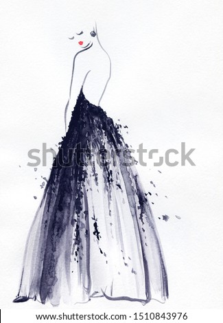 Fashion illustration. Watercolor painting, fashion designer dress sketch
