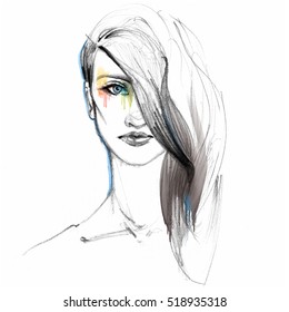 Fashion Illustration. Young Woman Model Face Crying With Rainbow Paints On White Background. White And Black Art Sketch. Pencil, Watercolor.