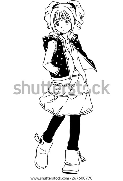 cartoon teen girl black and white