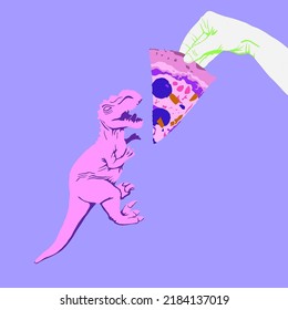 Fashion mimimal illustration. Hungry dinosaur pizza lover, junk food concept
