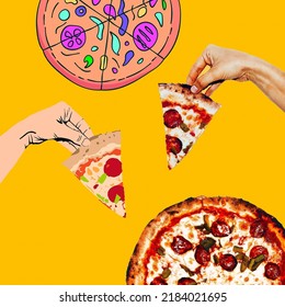 Fashion mimimal illustration. mixed photo and sketch. Pizza lover, junk food concept