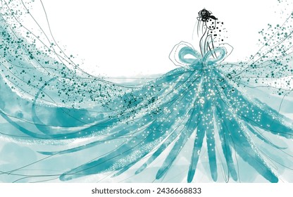 Fashion Model Dress, Teal Bridal gown with wedding veil watercolour abstract illustration - Powered by Shutterstock