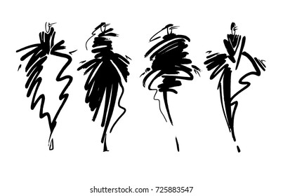 Fashion models sketch hand drawn , stylized silhouettes isolated on white background, illustration set.