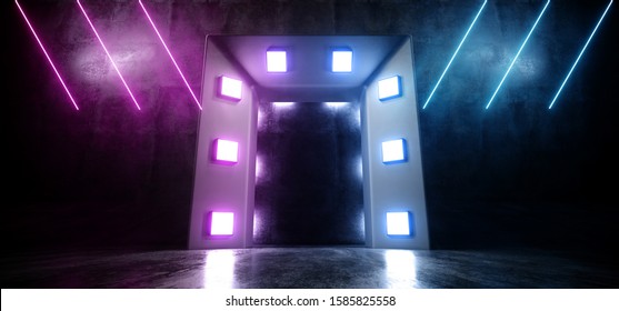 Fashion Neon Beams Laser Glowing Purple Blue Gate Portal Studio Night Club Arc Stage Showcase Event Spaceship Cyber Futuristic Modern Sci Fi Background 3D Rendering Illustration