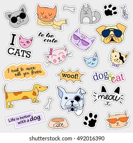 Fashion Patch Badges. Cat And Dog Set. Set Of Stickers, Pins, Patches And Handwritten Notes Collection In Cartoon 80s-90s Comic Style. Trend.  Illustration Isolated.  Clip Art.