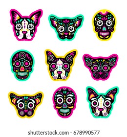 Fashion patch badges and dogs  bulldog  Skulls  calavera    other  Very large set girlish   boyish stickers  patches in cartoon isolated Trendy print for backpacks  things  clothes