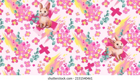 Fashion pattern digital bright floral ornament with animals cute rabbits and Easter bunnies wallpaper  emitting, brush strokes, oil painting,  feminine and  delicate design on pink  background.
