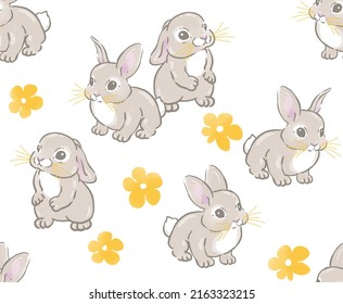 Fashion pattern digital bright floral ornament with animals cute rabbits and beautiful Easter bunnies, wallpaper pattern emitting, brush strokes, painting, feminine and delicate design.