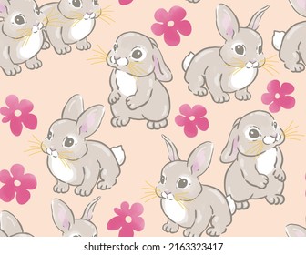 Fashion pattern digital bright floral ornament with animals cute rabbits and beautiful Easter bunnies, wallpaper pattern emitting, brush strokes, painting, feminine and delicate design on beige.