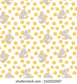 Fashion pattern digital bright floral ornament cute rabbit, beautiful Easter, bunnies, wallpaper pattern painting feminine and delicate design on white background.