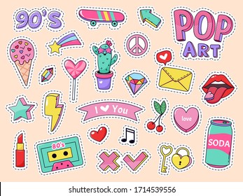 Fashion pop art patch stickers. Girls cartoon cute badges, doodle teenage patches with lipstick, cute food and 90s elements, retro sticker pack illustration icons with music cassette, lollipop
