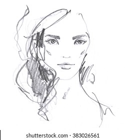 Fashion Portrait Drawing Sketch. Illustration Of A Young Woman Face. Hand Drawn Fashion Model Face. Ink, Pencil, Watercolor.