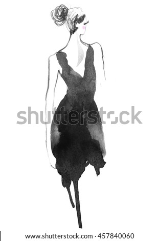 Fashion portrait drawing sketch. Illustration of a young woman in small black dress on white background. Hand drawn fashion model face. Ink, pencil, watercolor. Vintage design for fabric, card, poster
