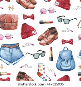 Fashion Seamless Watercolor Pattern With Hipster Clothes (hat, Boots, Bag, Sunglasses, Bowtie, Lipstick, Shorts, Socks). High Quality Hand Drawn Illustrations. 