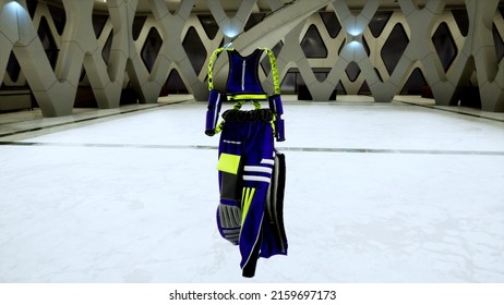 Fashion Show In 3D: Invisible Model In Pantsuit. Purple, Green. Meta Model, Virtual Avatar, Walking By The Podum. Trendy Fashion Pret-a-porte. 4K 3D Rendering