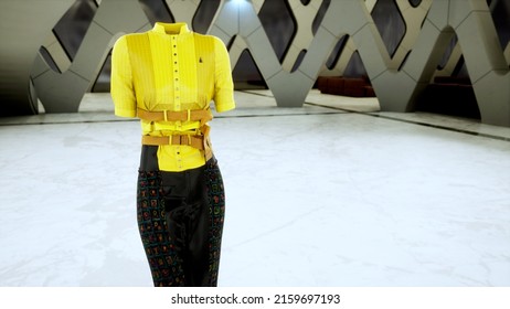 Fashion Show In 3D: Invisible Model In Pantsuit. Black Gold. Meta Model, Virtual Avatar, Walking By The Podum. Trendy Fashion Pret-a-porte. 4K. 3D Rendering