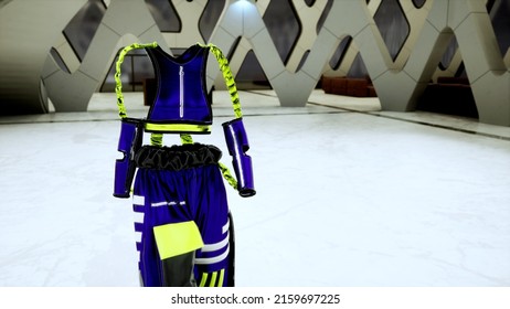 Fashion Show In 3D: Invisible Model In Pantsuit. Purple, Green. Meta Model, Virtual Avatar, Walking By The Podum. Trendy Fashion Pret-a-porte. 4K 3D Rendering