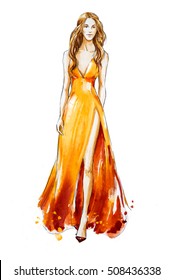 Fashion sketch. Watercolor dress. Catwalk