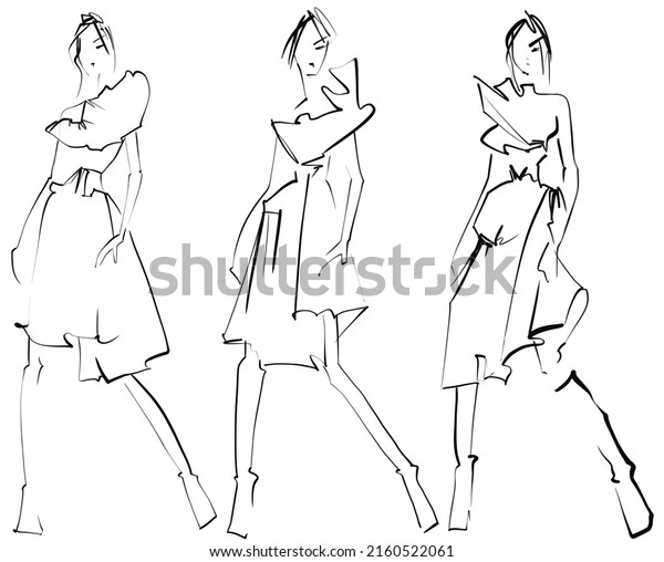 Fashion templates Sketch Fashion Event\
Illustration on a white background Woman in evening dress\
croquis,\
easy, naive style of fashion illustration.\
