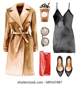 Fashion trendy outfit set watercolor illustrated dress, shoes, sunglasses, coat, purse and coffee to go