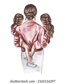 Fashion Watercolor Illustration. A Woman With Two Girls In Her Arms, Rear View. Mom And Daughters	