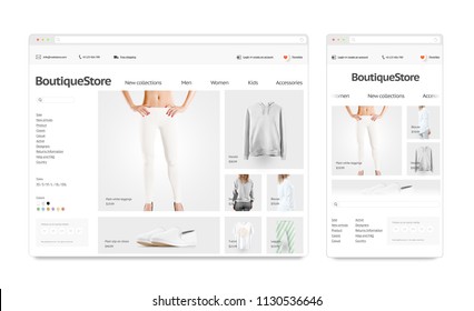 Fashion web store adaptivity template mock up set isolated, 3d rendering. Clothing web shop page interface navigator mockup. Internet browsers website template. Websstore screen for computer display