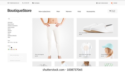 Fashion Web Store Template Mock Up Isolated, 3d Illustration. Clothing Web Page Interface Mockup. Internet Website Template. Websstore Screen Layout For Computer Display.