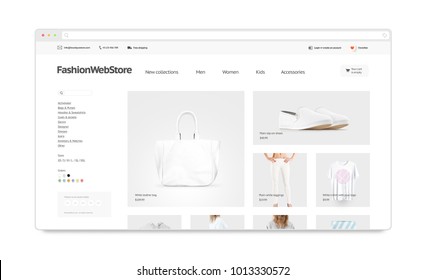 Fashion Webstore Site Template Mock Up Isolated, 3d Illustration. Clothing Web Page Interface Mockup. Internet Website Template. Web Store Screen Layout For Computer Display.