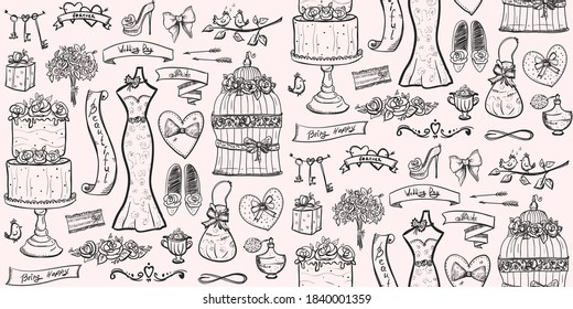 Fashion wedding bridal seamless pattern with cake, dress, accessories, hearts and ribbons, raster version - Powered by Shutterstock