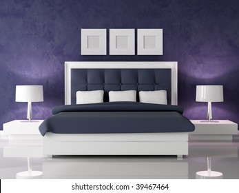 Fashion White And Navy Blue Bedroom Against Dark Purple Stucco Wall - Rendering