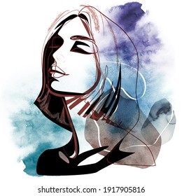 Fashion Woman. Abstract portrait of beautiful girl, continuous line style with watercolor background. Contemporary design, illustration for t-shirt, prints, covers, posters, logo