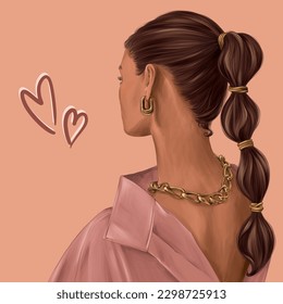 fashion woman Hairstyle  Hair braided and bobby Pins  Girls Head back view  Trendy isolated colourful illustration for hairdresser   beauty salon 