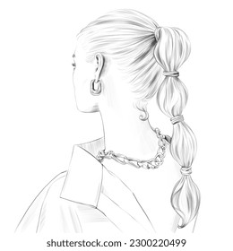 fashion woman Hairstyle  Hair braided and bobby Pins  Girls Head back view  Trendy isolated monochrome line illustration for hairdresser   beauty salon 