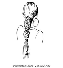 fashion woman Hairstyle line sketch  Hair braided and bobby Pins  Girls Head back view  Trendy isolated monochrome line illustration for hairdresser   beauty salon 