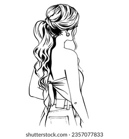 fashion woman Hairstyle line sketch  trendy wavy ponytail  Girls Head back view isolated monochrome line illustration for hairdresser   beauty salon 