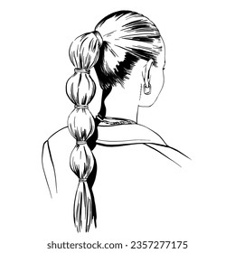 fashion woman Hairstyle line sketch  trendy ponytail and scrunchy  Girls Head back view  isolated monochrome line illustration for hairdresser   beauty salon 