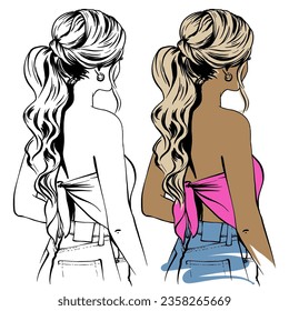 fashion woman Hairstyle set colour   line sketch  trendy wavy ponytail  Girls Head back view  isolated illustration for hairdresser   beauty salon 