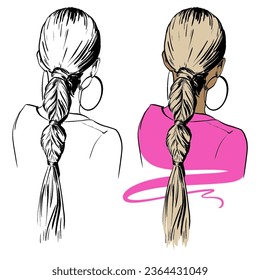 fashion woman Hairstyle set line   colour sketch  Hair braided and scrunchy  Girls Head back view  Trendy isolated pink illustration for hairdresser   beauty salon 