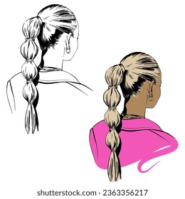 fashion woman Hairstyle set monochrome   colour sketch  trendy ponytail and scrunchy  Girls Head back view  isolated illustration for hairdresser   beauty salon 