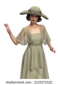 Fashion Woman Wears Vintage 20s Green Gown And Hat, 3D Illustration.