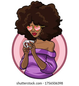 Fashionable black woman with afro hairstyle wearing purple off shoulder blouse and red heart-shaped sunglasses holding a white cup of coffee or tea