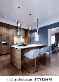 Fashionable Designer Kitchen With An Island With A Marble Working Surface, A Kitchen In Blue And Brown Colors, Wooden Furniture. 3D Rendering.