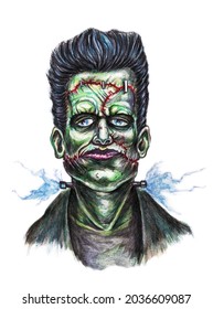 Fashionable Frankenstein Drawing Drawing. Watercolor On A White Background. A Character With Electric Lightning Bolts On His Neck, With Scars And Stitched Wounds. Fashionable Hairstyle. Multi-colored 