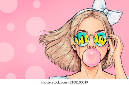 Fashionable girl with a stylish haircut inflates a chewing gum has amazed expression. Pop Art wow woman in glasses 